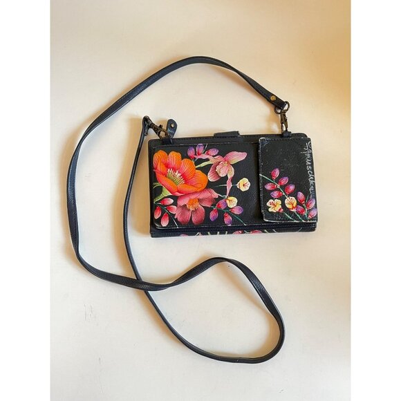 Anuschka Moonlit Meadow Floral Handpainted Leather Wallet Crossbody Bag Bifold - Picture 1 of 9